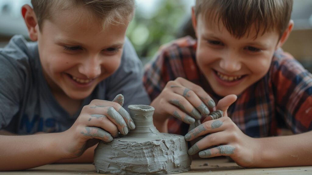 Kinderen vanaf 6 jaar leren handopbouw keramiek tijdens proefles bij Voets Ceramics