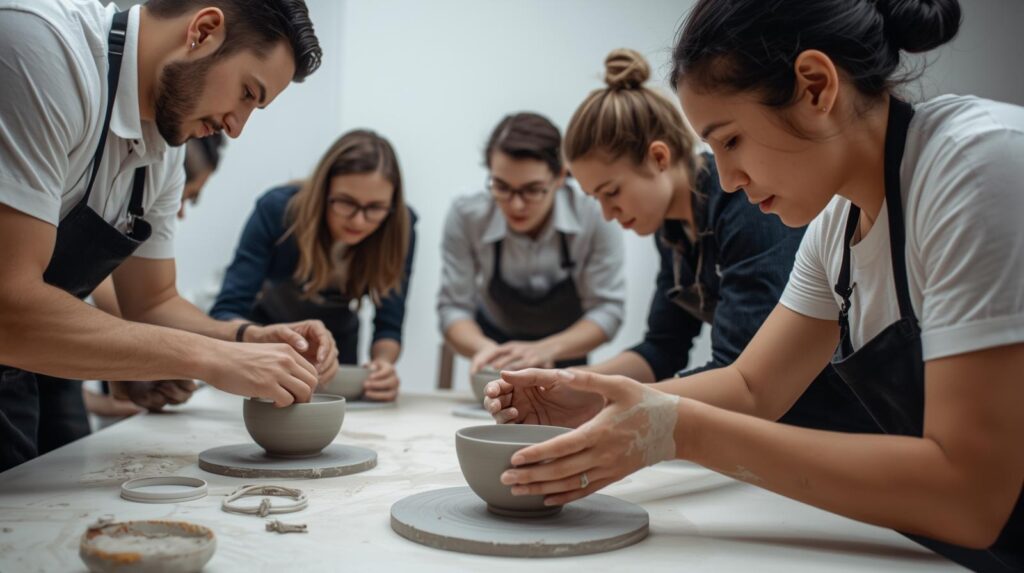Deelnemers creëren keramiek door klei op te bouwen tijdens teambuilding in een workshop op maat.